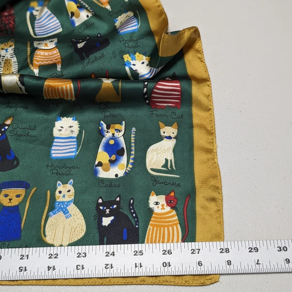 Whimsical assorted cats on silky green polyester with gold trim scarf, head wrap - Picture 11 of 15